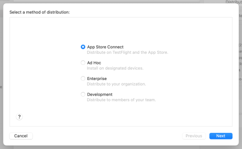 Apple Xcode distribution method screen