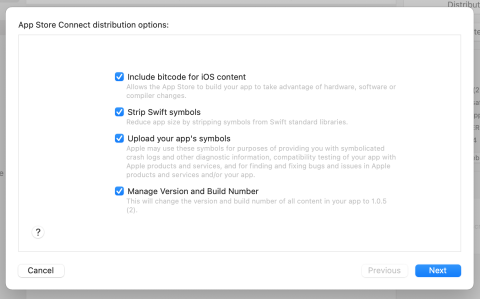 Apple Xcode distribution options screen